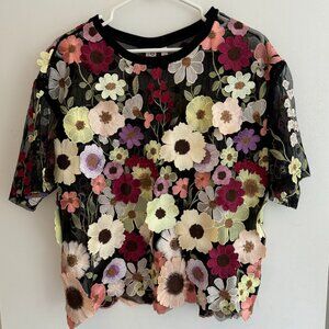 Anthropologie Dolan Flower Appliqué Sheer Tee XL